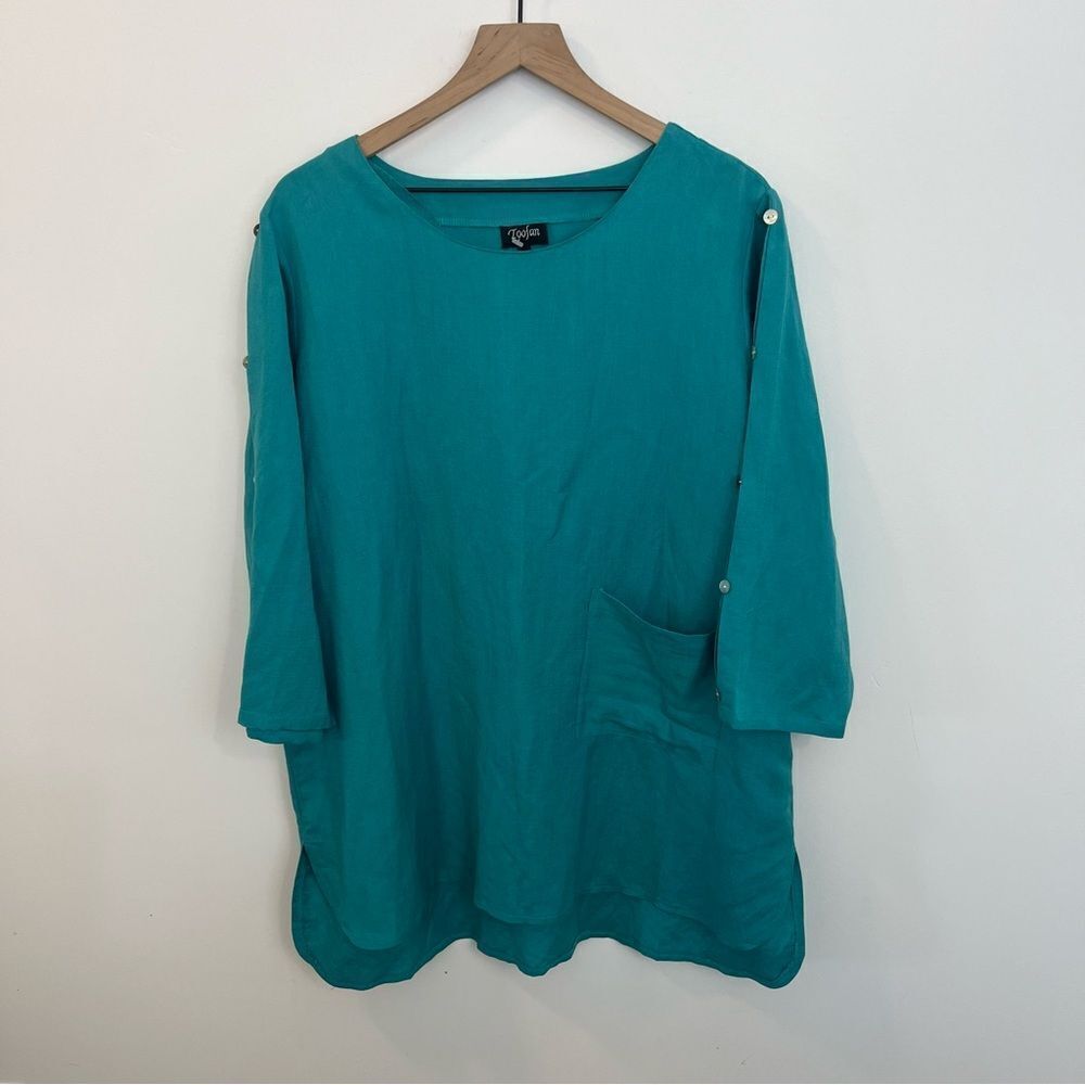 Toofan teal linen 1X blouse with buttons down arm